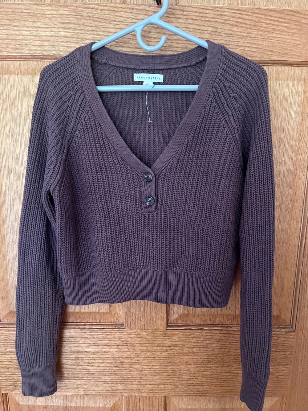 Aeropostale Brown Ribbed V-Neck cropped Button Sweater